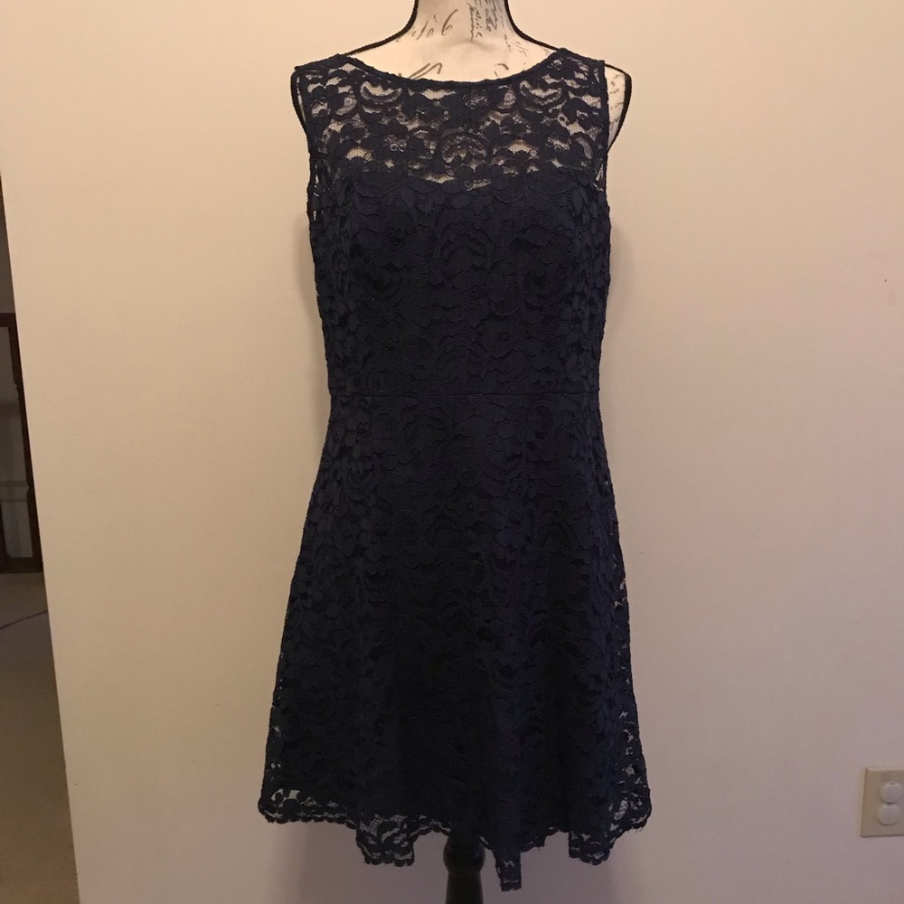 Navy blue all over lace sleeveless high neck dress